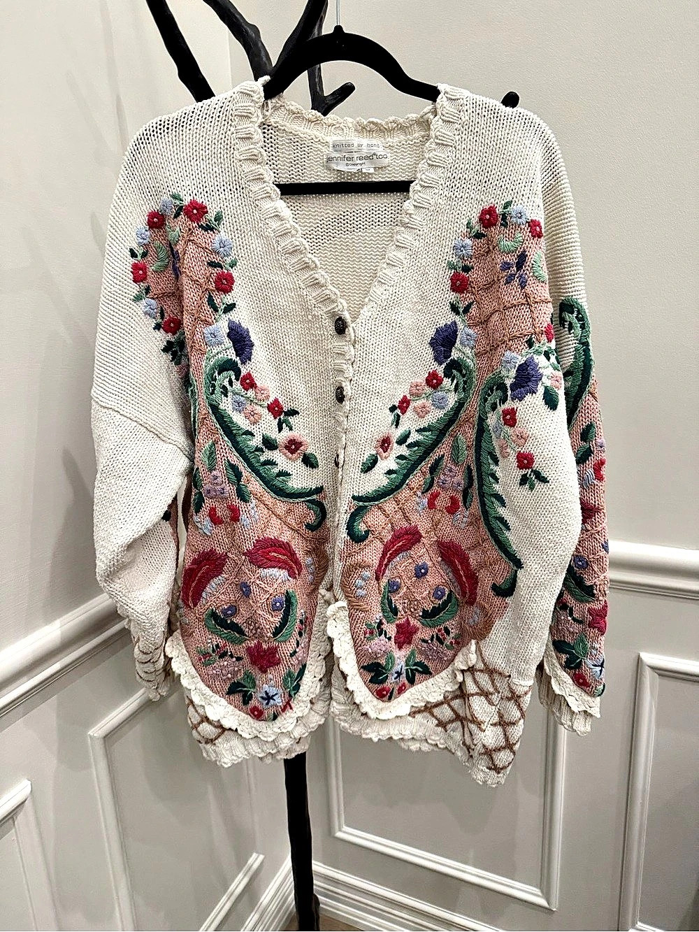 Jennifer Reed Embroidered Floral Cardigan in Cream & Pink